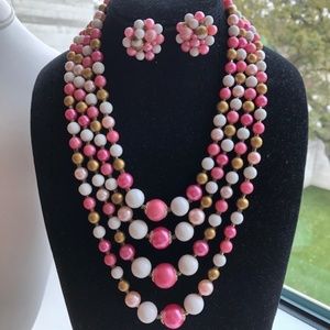 Vintage Japan pink 4 strand necklace earrings lot